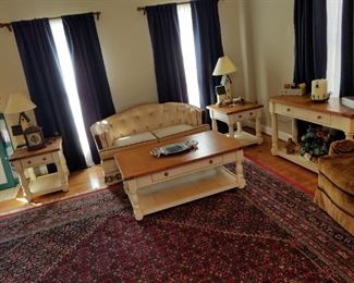 natural wood table set" coffee, sofa and 2 end tables