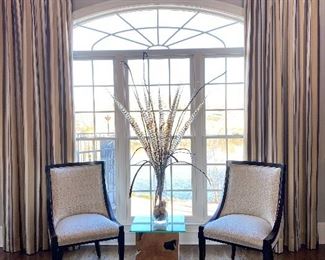 Chairs, custom drapes, side table, & arrangement 