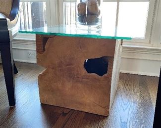 Live edge cube table with glass top 