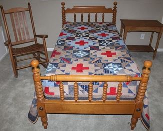 Willett Furniture Lancaster PA Amish Made Hand Crafted Solid Maple Twin Spool Bed (1 of 2) shown with Handmade/Hand Quilted Patchwork Quilt. Solid Oak Slat Back Rocker and an Antique Yellow Pine Occasional/Side Table (30”W x 17”D x 28”H)