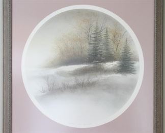"First Snow," by the Door County, Wisconsin Artist Arnold Alaniz (1943-). Titled, Signed and Numbered. Dimensions (approx.): Image 18-1/2" diameter on 25-1/2" H x 21-1/2" W Paper Matted with Pressed Oak Frame. Overall 26” x 28”