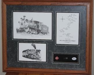 Rio Grande Southern Railroad Memorabilia Double Matted with Oak Frame: H.L. Scott Signed, Embossed and Numbered Locomotive Print (10” x 7”), H. L. Scott 7”x 5” Print, Railroad Route Map prior to 1951 Abandonment and Selection of 3 Pins(22 3/8 x 18 3/8”) Railroad Art by Scotty Info Sheet on Back
