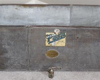 Antique Galvanized Trough with Spigot with O&B Purity Line Paper Label and Gregory Purity Milk Cooler Size 3 on Brass Label (28 3/4”L x 10”W x 10”D)