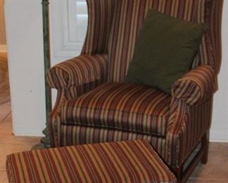 Ethan Allen Chippendale Style Ribbon Stripe Upholstery Winged-Back Arm Chair with Ottoman