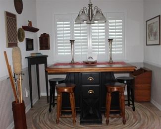 Breakfast Room View Counter Height Pub Pedestal Table Center Drawer Storage and Wine Storage with 4 Stools