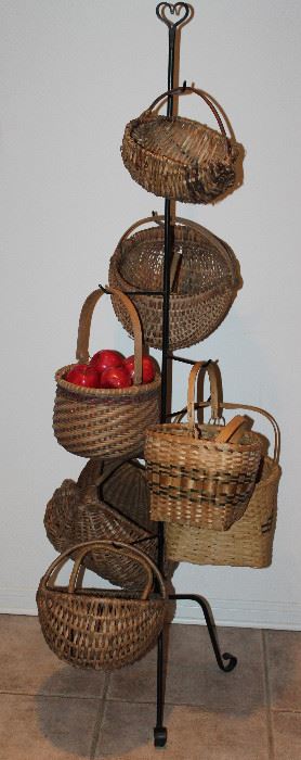 Longaberger Basket Wrought Iron Basket Stand (65”) with Numerous Antique/Vintage Baskets