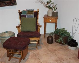 Glider Rocker with Matching Stool shown Large Covered Basket and a Hand Crafted Turned Legs Work Stand/End Table with Single Drawer w/porcelain Knob