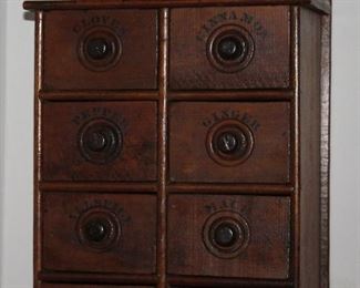 Antique Stenciled 8-Drawer Kitchen Spice Cabinet 9 1/2”W x 5”D x 12 1/2”(Front) and 16”H (back)