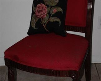 Mark David Vintage Red Upholstered Solid Wood Frame Side Chair. St Simons Island GA, Tapestry Floral Pillow Made in France