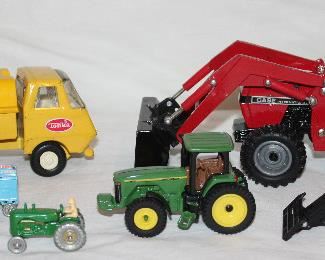 Tonka Vintage Shell Fuel Truck (6”), Ertl Case International Front End Loader. 1988 Matchbox Fire Truck #9, Matchbox Series A Moko Lesney No. 7 Horse Drawn Milk Cart Wagon (Light Blue) Die, Miniature Massey Harris Tractor, Vintage John Deere Tractor #30670