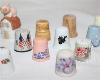 Thimble Collection: Limoges France Porcelain, Hand Painted Floral Iceland 1973, Ensco Porcelain Pig on Barn Thimble Cover, Hand-painted Wood Thimble, Plastic Advertisement, Bicentennial, etc.