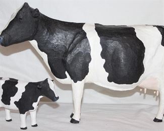 Vintage Large Hand Painted Wood Carved Holstein Cow (18” x 11”) with a Small Wood Carved Hand Painted Holstein Cow (7” x 4”)