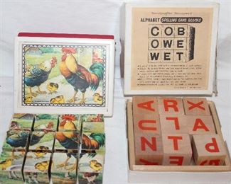 Vintage Germany Wooden Block Puzzle Hermann Eichhorn 6 Farm Scene Pictures in Plastic Case Shackman Vintage Alphabet Spelling Game Wood Blocks in Original Box