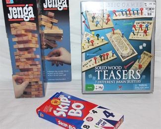 1986 Jen ga, Skipbo card game, and solid wood Teasers with 7 brain busters
