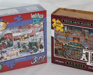 Serenity "Winter Breakfast" family puzzle and A&M Texas Aggies Dowdle folk art puzzle