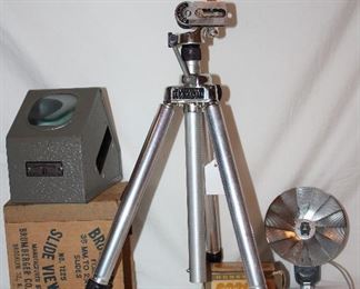 Brumberger vintage slide viewer #1225 (Needs rewiring).
Whitehall travelite tripod.
Honeywell tilt-a-mite flash unit.