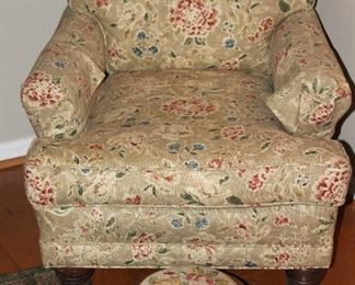 Taupe Floral Upholstered Vintage Easy Chair show with an Antique Mahogany Cabriole Foot NeedlePoint Foot Stool (12”D x 6”H)