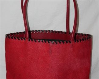 Red dyed horse hair leather tote handbag