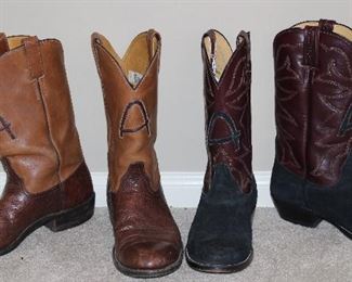 El Vaquero Custom Handmade 13” Boots: Brown Leather/Elephant Boots and Black Suede and Brown Leather Boots