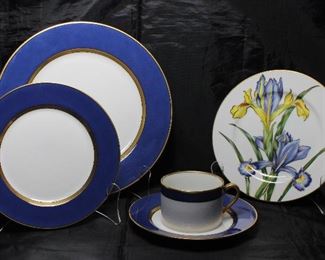 Fitz & Floyd 1978 “Renaissance” Cerulean Blue Dinner Plates (9), Salad Plate (1), B&B Plate (1) and Flat Cup. Fitz & Floyd (1991-1997) Silverstein-Demdaco “Iris” Salad Plate (8ea)