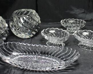 Colony” by Fostoria C.1940-1973: Oval 7” Olive Dish, Set 4 Pedestal Open Salt Cellar. Also Shown a pair of Swirl Pattern Heavy Glass Candle Votive Holders