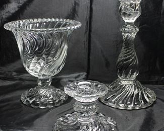 Colony” by Fostoria C.1940-1973: Footed 7 3/4” Urn, Single Light Candlestick 8 5/8” and Single Light 3” Candlestick