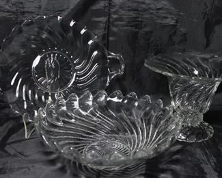 Colony” by Fostoria C.1940-1973: 2-Handled Cake Plate (12 3/8”), Large 10 1/2” Fruit Bowl, Flared Vase 6 1/4”H