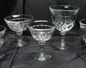 Colony” by Fostoria C.1940-1973:Oyster/Fruit Cocktail (4 ea). Champagne/Sherbert (11 ea.), Liqueur/Cocktail (4), Water Goblet (6), Wine Glass (6 ea)