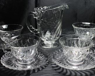 Colony” by Fostoria C.1940-1973: Set of 4 Cups & Saucers and Pint 16 oz. Cereal Pitcher