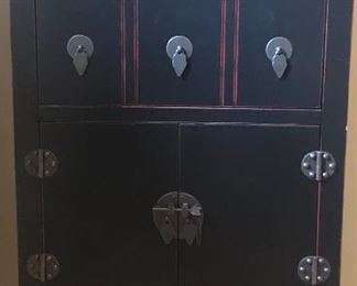 Pier One Imports Black w/Red Trim and Brass Findings Oriental Style 2 Drawer, Double Door Cabinet