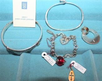 James Avery: Sterling Bangle Bracelet w/14K Gold Hearts, Hook Latch Cuff Bracelet, Charm Bracelet with Heart Cross Cutout & Red Art Glass Ball, Sterling Circle Pendant w/14K Gold Ring Link and a 14K Gold Cutout Cross Teardrop