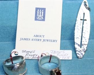James Avery Sterling: Elongated Sterling Cross Cutout Pendant, Sterling Tapered Band/Ring, Wide Sterling Ring with Red Gem Stone