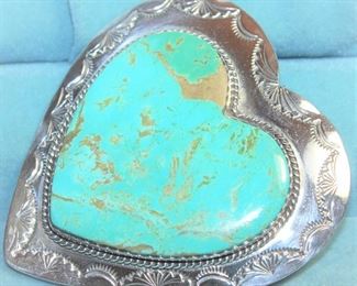 Large Signed Sterling 2” Heart Brooch w/Turquoise Setting.