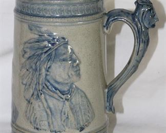Blue and White “Ole Sleepy Eye” Indian Chief Stoneware Stein