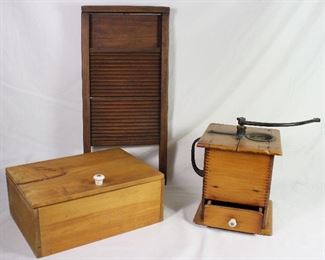 Antique National All Wood Small Washboard. Table Top Storage Box with Porcelain Pull. Antique Primitive Wooden Hand Crank Coffee Grinder Mill 1880’s