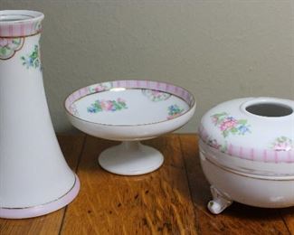 Nippon Hand Painted Pink Roses Dresser Set: Hat Pin Holder. Pedestal Cache Dish and Footed Hair Receiver