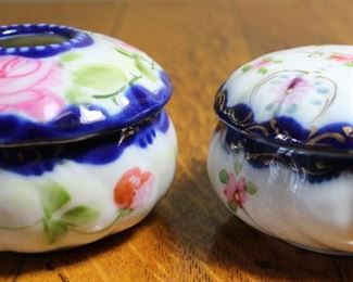 Nippon Hand Painted Cobalt Trim Antique Hair Receiver and Porcelain Cobalt Trim Powder/Trinket Box