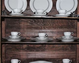 Cabinet shown with: Spode “Fairfax” (1962-1972): 5 Piece Place Setting Service for 8 and a Square Vegetable Bowl