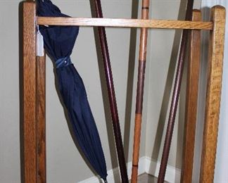 Antique Tiger Oak Umbrella/Cane Stand with Metal Bottom Tray (21 5/8”W x 9”D x 30”H)