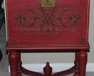Gold Embossed Scroll Design Red Lift Top File Cabinet with Turned Legs and Cross Stretchers with Center Finial