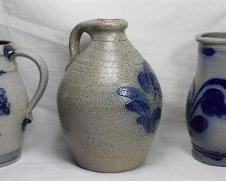 Blue Slip Decorated Salt Glaze Gray Stoneware: Grape Design Pitcher (6 1/2”H), Rowe Pottery Works Jug (71/2”H x 5 1/2”D).Floral Decorate Pitcher (6 3/4”)