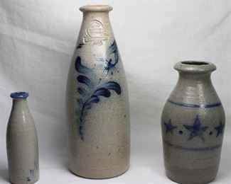 Rowe Pottery Works Blue Slip Decorated Gray Stoneware Bottles: 4 1/2” Miniature, 8 1/2” 1990 & Star Decorated 1997 (6”)