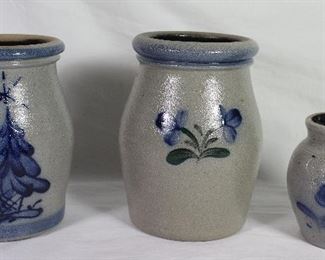 Blue Slip Decorated Gray Stoneware: Christmas Tree. (6 1/2” x 4 3/4”), Clovers (6 3/4” x 4 3/4”) and Flower Decorated 4” Jar