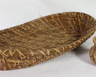 Antique Pine Needle Oval Basket (10” x 7”). Vintage Miniature Raffia Sewn Pine Needle Coushetta Indiana Basket