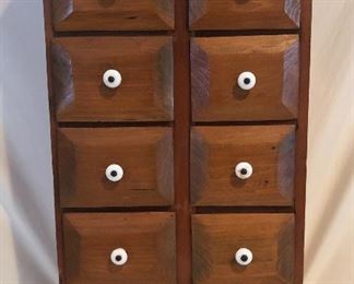 Vintage Wood 9 Drawer Spice Cabinet with Porcelain Drawer Pulls (14.5”W x 8.5”D x 24.5”H)
