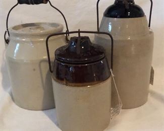 Vintage Kitchen Crock with Bail Handle, “The Weir” Patented March 1, 1892 Large Crock Jar with Amber Glass Lid and “The Weir” Caning Jar with Wire Clamp Crock Lid.