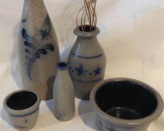 Rowe Pottery Works Blue Slip Decorated Gray Stoneware