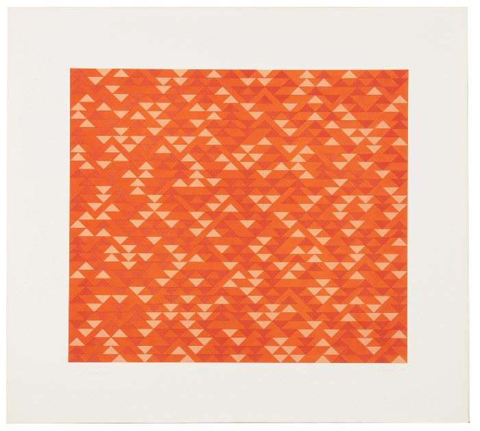 1001
Anni Albers
1899-1994, American
"TR I," 1969
Color lithograph on Arjomari paper under Plexiglas, Gemini G.E.L., Los Angeles, CA pub./prntr., with full margins
Edition 43/44, signed and dated in pencil lower right: Anni Albers / 69, blindstamped for Gemini G.E.L. and the copyright symbol, titled and numbered in pencil lower left, stamped for Gemini G.E.L. and numbered verso: AA68-215
Sheet: 19.75" H x 21.75" W; Image: 14" H x 16" W
Estimate: $3,000 - $5,000