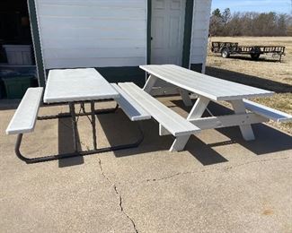 Plastic fold up and wood picnic tables