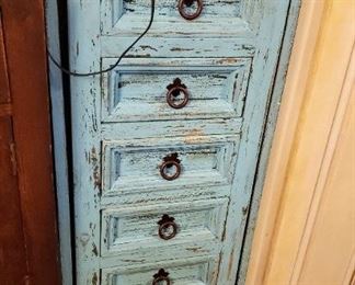 Unique distressed aqua multi-drawer and side opening doors for necklaces, jewelry hutch.
